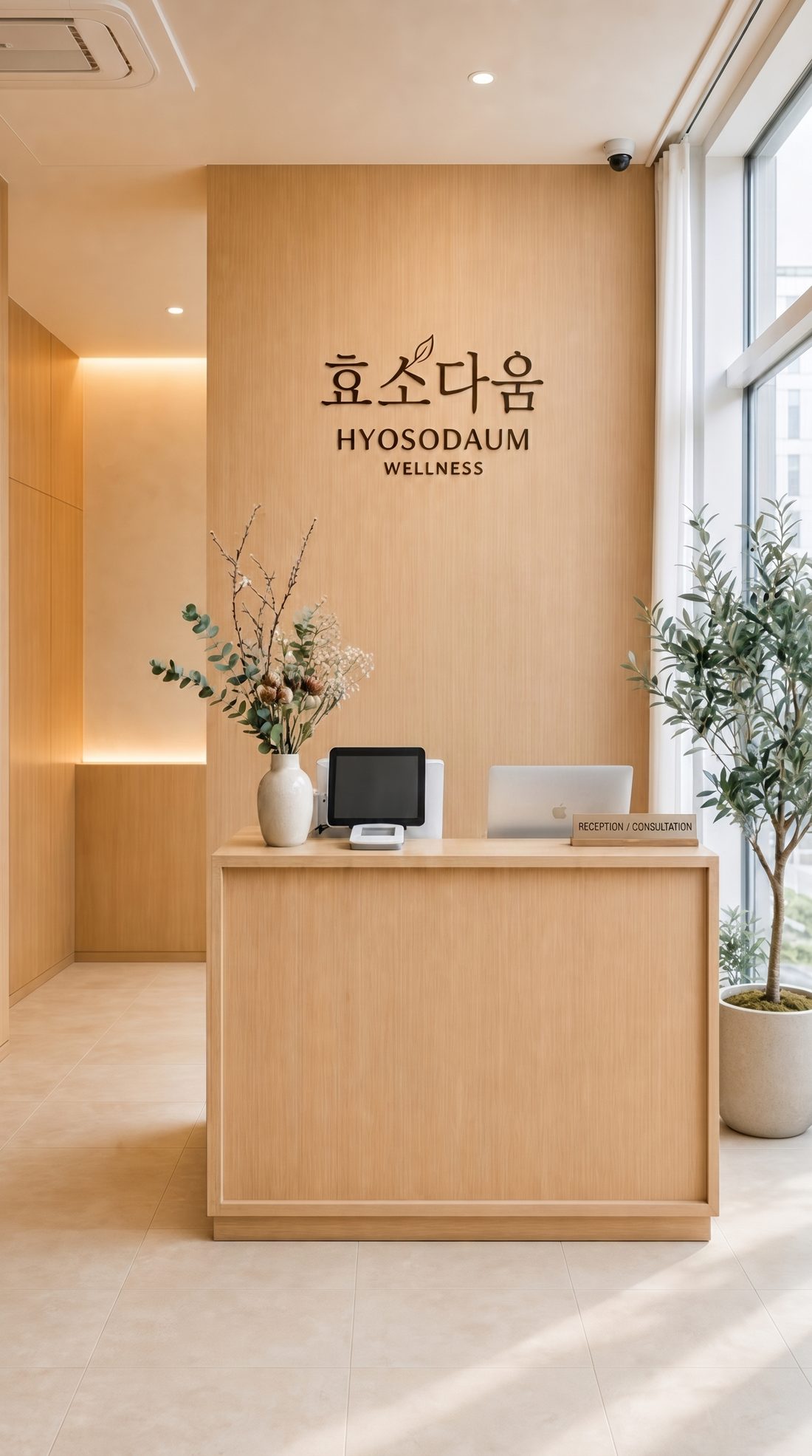 효소다움 리셉션 — 브랜드 로고 월과 상담 데스크